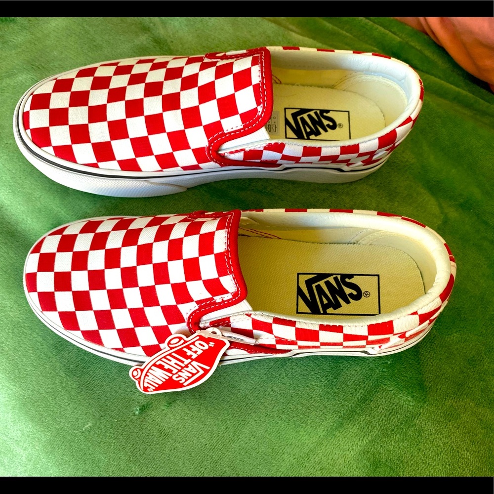 Vans red and white checkered slip ons